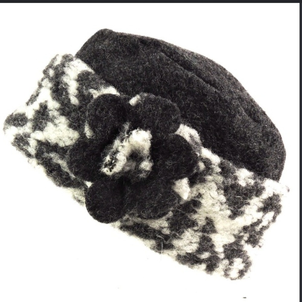 Filippo Catarzi Women OS Cloche Hat Black White Wool Blend Flower Italy Vintage